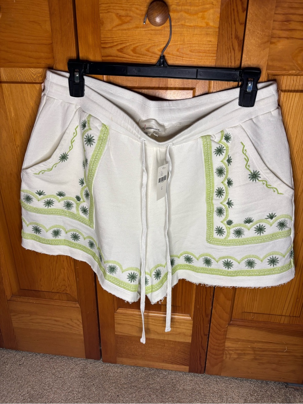 Anthropologie White Drawstring Shorts with Light Green Embroidery